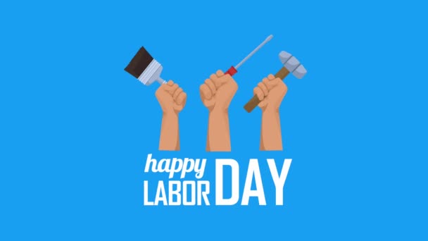 Pracovní den nápis s dělníky zvedání rukou nástroje — Stock video