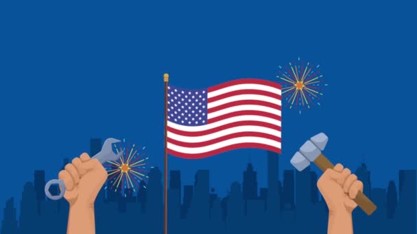 USA Labor Day Animation mit den Händen heben Werkzeuge auf die Stadt — Stockvideo