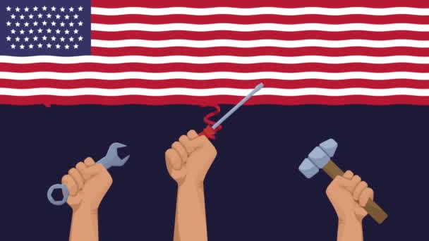 USA Labor Day Animation mit Händen heben Werkzeuge und Fahne — Stockvideo