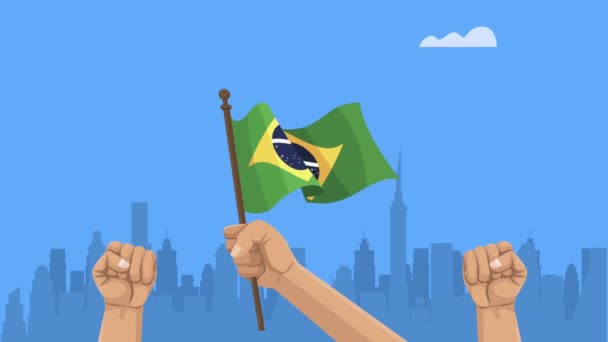 Animation zum brasilianischen Unabhängigkeitstag mit den Händen und der Fahne der Demonstranten — Stockvideo