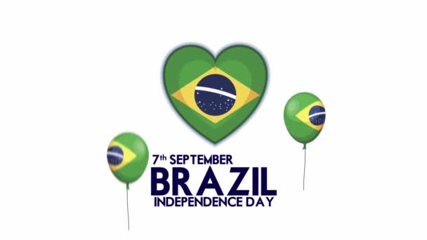 Día de la independencia de Brasil con letras corazón y globos helio — Vídeos de Stock