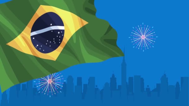 Brazil ημέρα ανεξαρτησίας animation με σημαία και πόλη — Αρχείο Βίντεο
