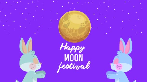 Letras festival lua feliz com coelhos e lua cheia — Vídeo de Stock