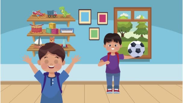 Escuela niños estudiantes en la sala de juegos personajes de animación — Vídeos de Stock