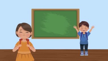 Anaokulu öğrencileri ve karatahta karakterleri canlandırması