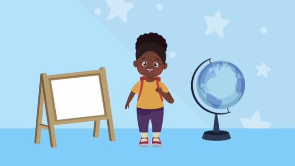 Afro écolière étudiant avec planète personnage animation — Video