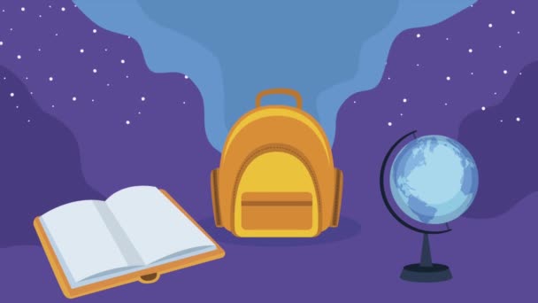 Schoolbag and book with earth planet — Stock Video