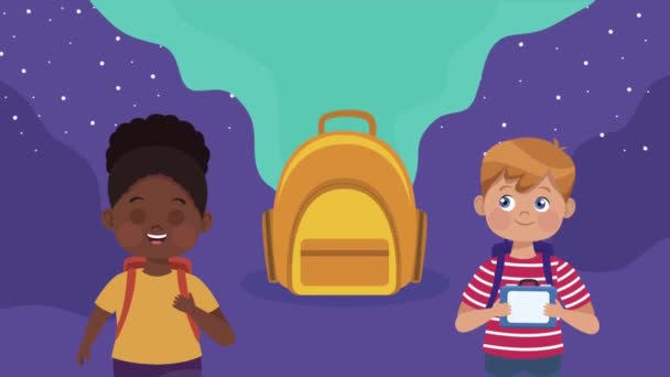 Pré-escolar alunos inter-raciais e personagens saco escolar animação — Vídeo de Stock