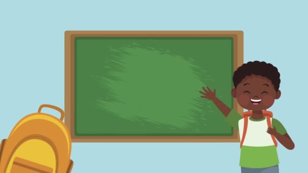 Afro μαθητής του σχολείου με chalkboard animation χαρακτήρα — Αρχείο Βίντεο