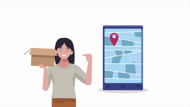 Kvinna lyfta kartong med smartphone — Stockvideo