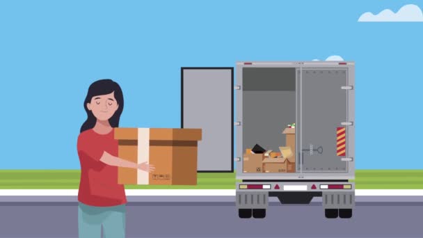 Femme boîte de carton de levage avec camion de livraison — Video