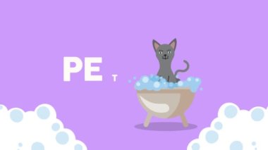 Sevimli kedi maskotu harf animasyonuyla banyo yapıyor.