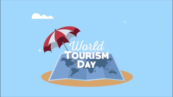 Dia mundial do turismo lettering com mapa e bandeira — Vídeo de Stock