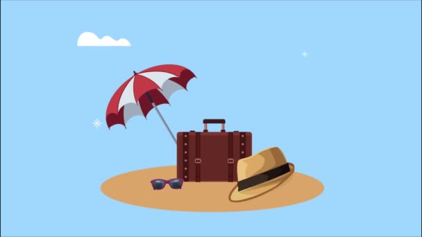 Parapluie et les icônes du tourisme mondial sur la plage — Video