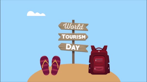 世界旅游日字母箭头信号与邮袋 — 图库视频影像