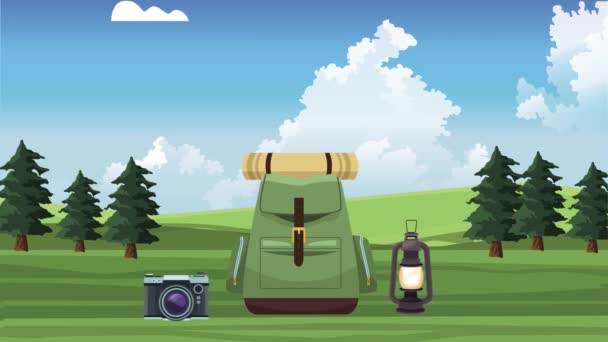 Utazás nyaralás ikonok az erdőben — Stock videók