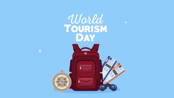 Παγκόσμια ημέρα τουρισμού επιστολόχαρτα με πυξίδα και ταξιδιωτική τσάντα — Αρχείο Βίντεο