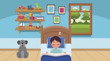 Küçük çocuk evcil hayvan animasyonuyla yatakta uyuyor.