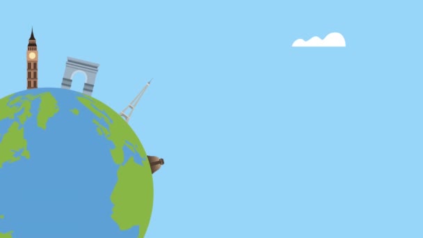 地球とランドマークを持つ世界観光デーのアニメーション — ストック動画