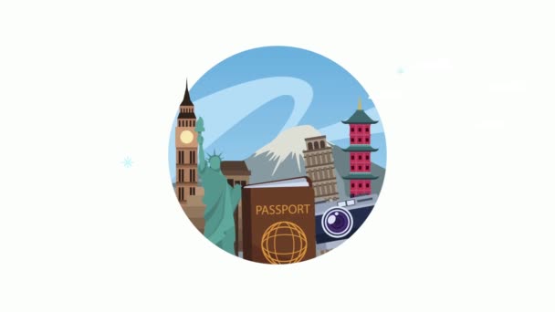 Journée mondiale du tourisme animation avec passeport et monuments — Video