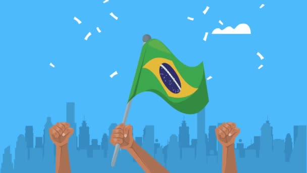 Independência animação brasil com as mãos acenando bandeira — Vídeo de Stock