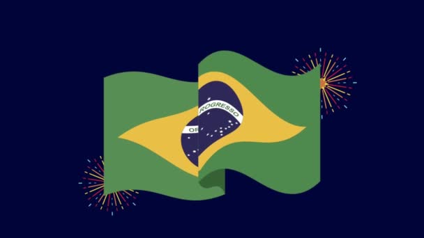 Independencia brasileña animación con bandera ondeando y fuegos artificiales — Vídeos de Stock