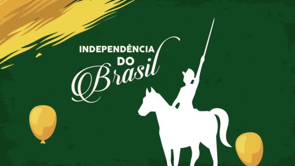 Independência brasil lettering com guerreiro em cavalo e balões — Vídeo de Stock