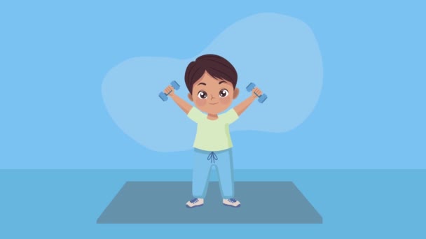 Niño levantando pesas animación personaje — Vídeo de stock