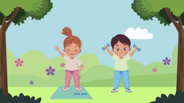 Kleine kinderen paar oefenen oefening animatie — Stockvideo