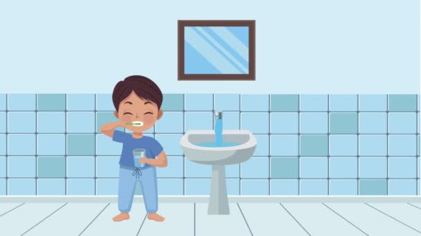 Маленький мальчик чистит зубы анимации — стоковое видео