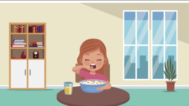 Little girl eating cereal animation — Stock Video