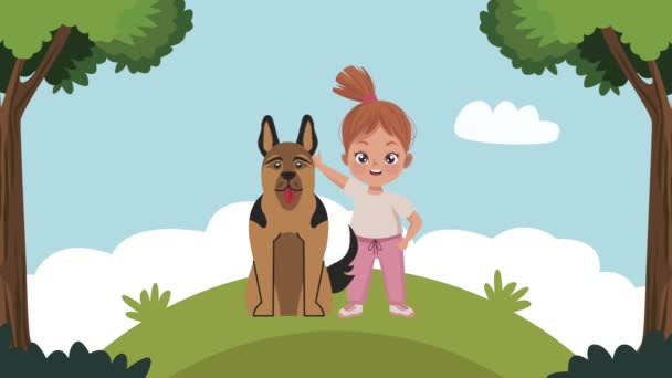 Niña con perro en el campamento de animación — Vídeo de stock