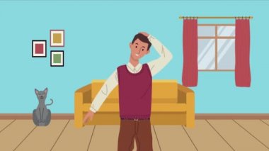 Erkek işçi kediyle molada