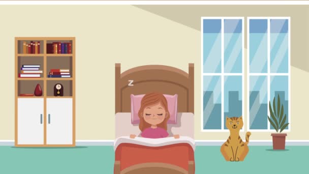 Liten flicka sover i sängen med katt animation — Stockvideo