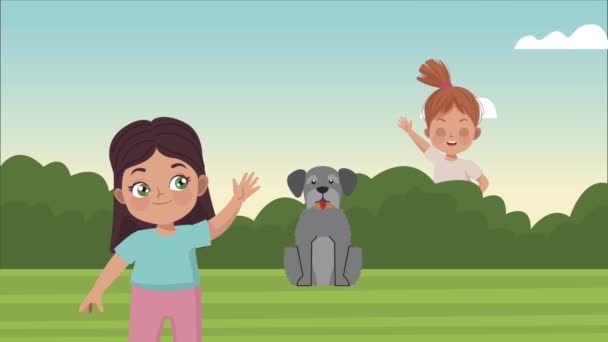 Niñas con perro en el campamento de animación — Vídeos de Stock