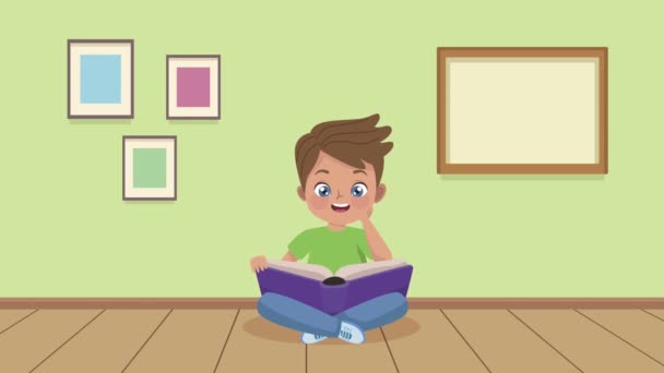 Liten pojke läser bok i rummet animation — Stockvideo