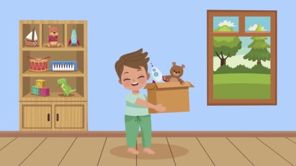 Niño pequeño elevación juguetes caja carácter animación — Vídeos de Stock