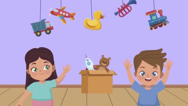 Kleines Kinderpaar spielt mit Spielzeug im Zimmer — Stockvideo