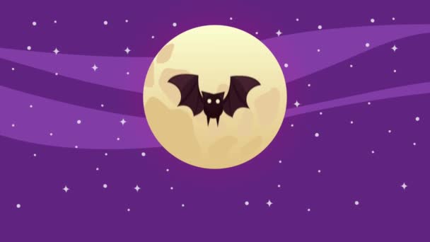Gelukkig halloween belettering met maan en vleermuis animatie — Stockvideo