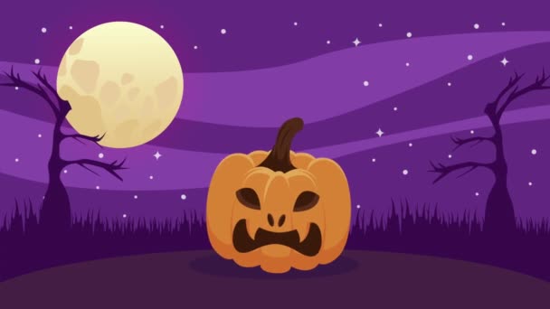 Cadılar Bayramı animasyonunuz kutlu olsun. Karanlık sahnede balkabağı ve ay var. — Stok video