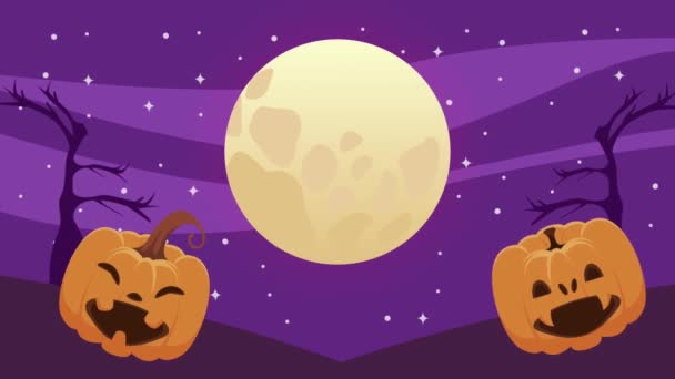 Animación feliz halloween con calabazas y luna llena — Vídeo de stock