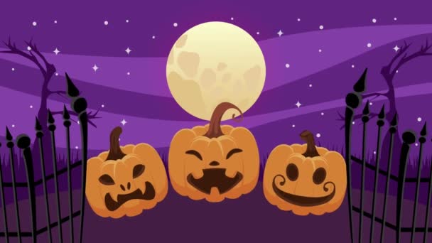 Veselá halloween animace s dýněmi a hřbitovní bránou — Stock video