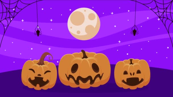 Animación feliz halloween con calabazas y arañas — Vídeo de stock