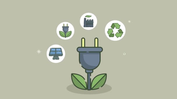 Animación ecológica con conector enchufe e iconos alrededor — Vídeos de Stock