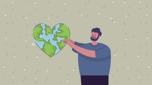 Animación ecológica con el hombre levantando el corazón de la tierra — Vídeo de stock