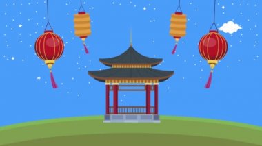 Sonbahar ortası festival animasyonu fenerler asılı ve pagoda