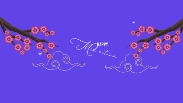 Happy mid autumn festival lettering with pink flowers tree — Stock Video