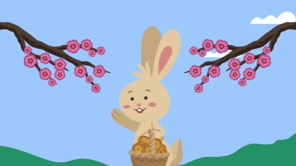 Happy mid autumn festival animation with rabbit and tree branches — Stock Video