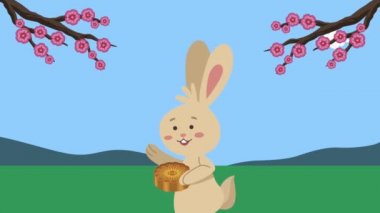 Mutlu sonbahar festivali animasyonları Sevimli tavşan ve dallarla