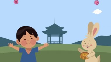 Mutlu sonbahar festivali animasyonları Asyalı çocuk ve tavşanla